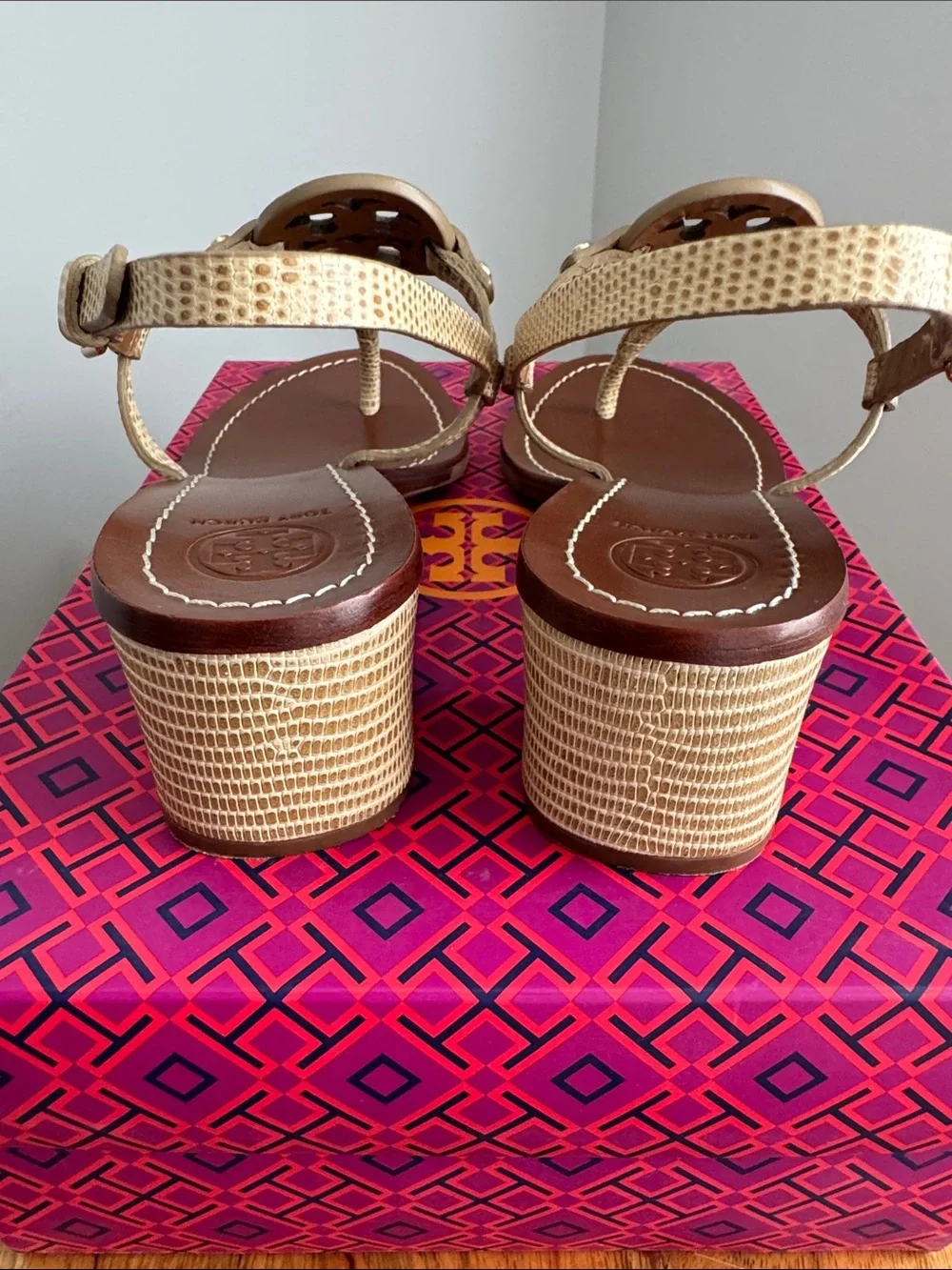Tory Burch Mini Miller 45MM Stacked Heel Sandal - Micro Tejus Print, Size 8.5